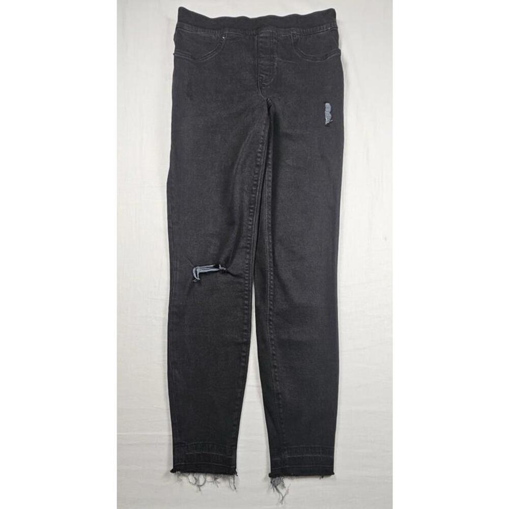 Spanx Pull On Denim Jeans Medium Distressed Raw Frayed Stretch 5-Pocket Black